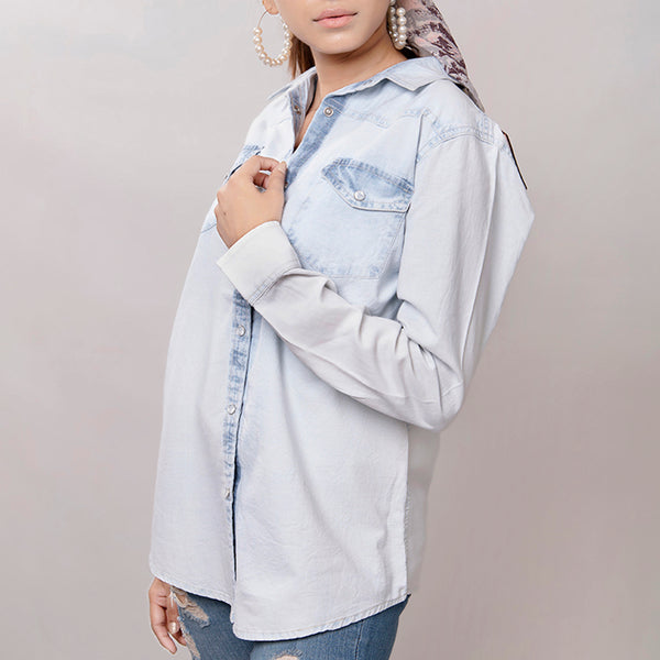 LC-ADSH011 Women's Denim Western Shirt with Tooled Leather Yoke Handcrafted Floral Back Detail