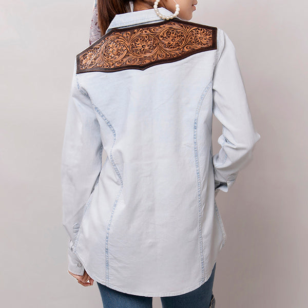LC-ADSH011 Women's Denim Western Shirt with Tooled Leather Yoke Handcrafted Floral Back Detail
