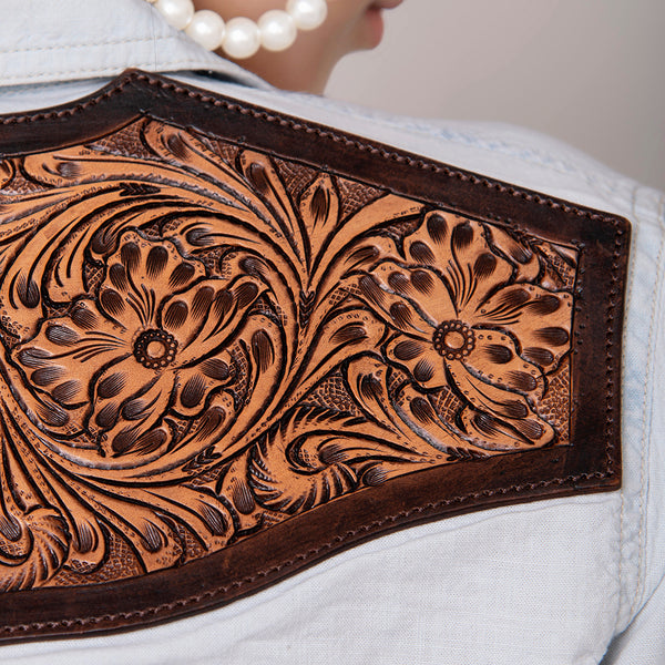 LC-ADSH011 Women's Denim Western Shirt with Tooled Leather Yoke Handcrafted Floral Back Detail