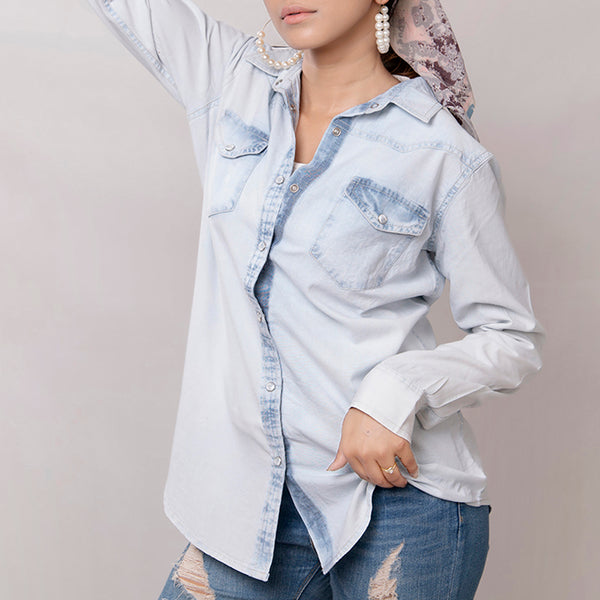LC-ADSH011 Women's Denim Western Shirt with Tooled Leather Yoke Handcrafted Floral Back Detail