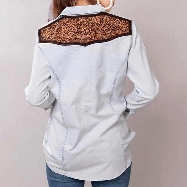 LC-ADSH011 Women's Denim Western Shirt with Tooled Leather Yoke Handcrafted Floral Back Detail