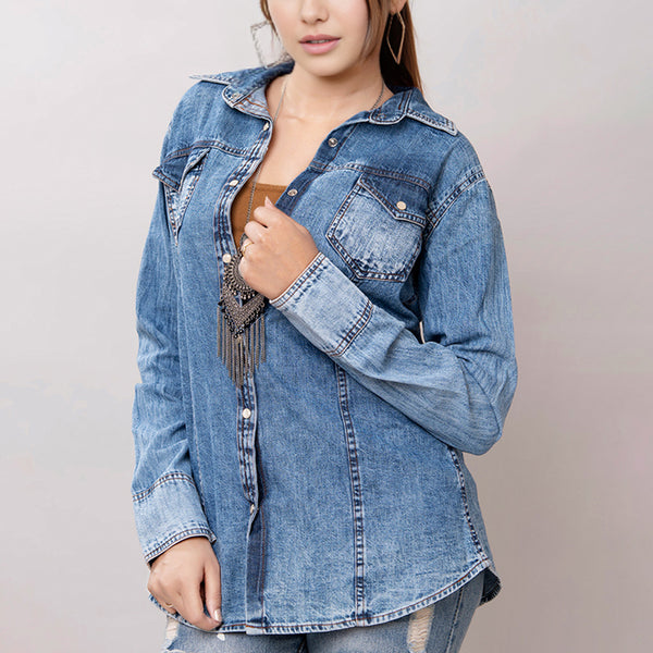 LC-ADSH012 Women s Western Denim Shirt with Sunflower & Cactus Tooled Leather Yoke