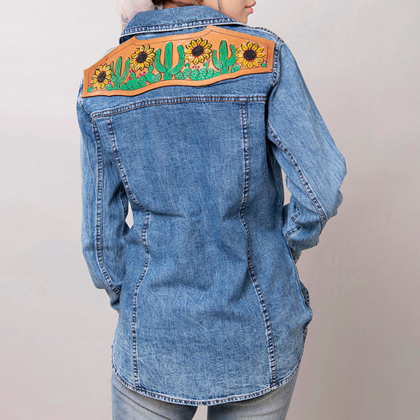 LC-ADSH012 Women s Western Denim Shirt with Sunflower & Cactus Tooled Leather Yoke