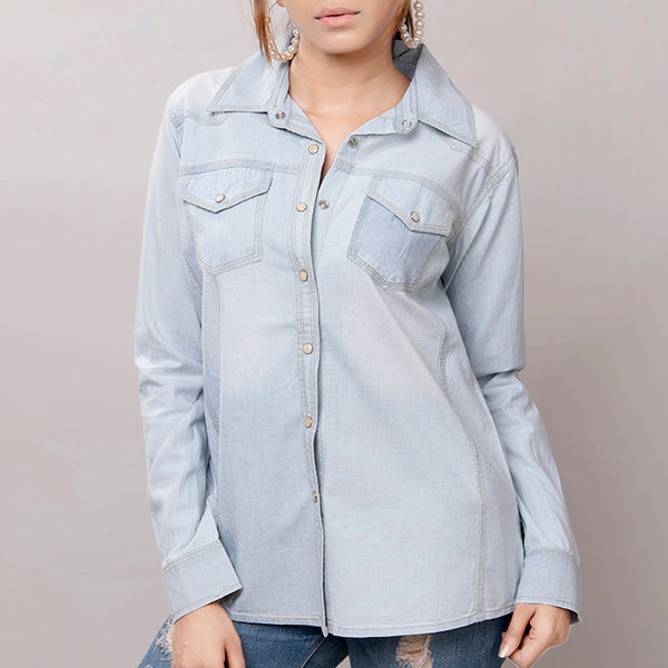 LC-ADSH013 Light Denim Western Shirt with Sunflower Tooled Leather Yoke Women s