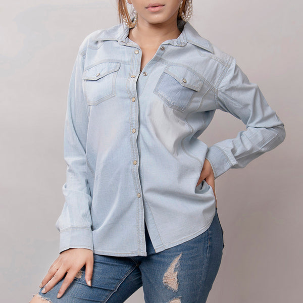LC-ADSH013 Light Denim Western Shirt with Sunflower Tooled Leather Yoke Women s