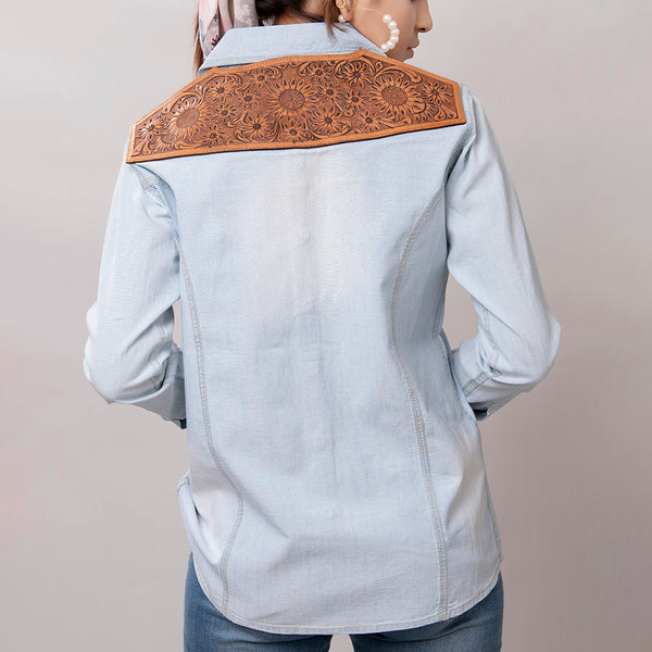 LC-ADSH013 Light Denim Western Shirt with Sunflower Tooled Leather Yoke Women s