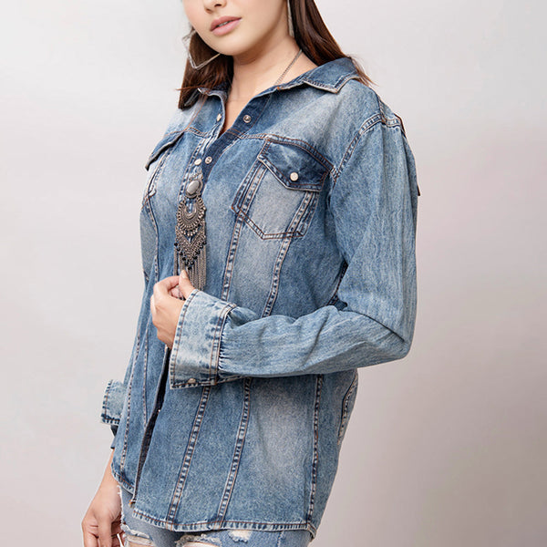 LC-ADSH014 Women s Western Denim Shirt with Sunflower & Cactus Tooled Leather Yoke