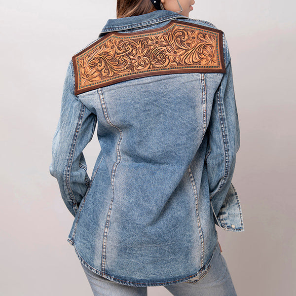 LC-ADSH014 Women s Western Denim Shirt with Sunflower & Cactus Tooled Leather Yoke