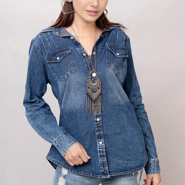 LC-ADSH015 Dark Denim Western Shirt with Tooled Leather Yoke & Turquoise Geometric Trim Women s