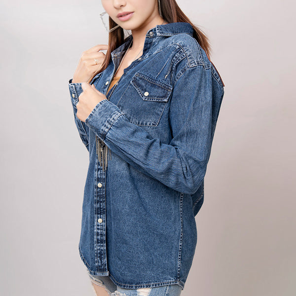 LC-ADSH015 Dark Denim Western Shirt with Tooled Leather Yoke & Turquoise Geometric Trim Women s