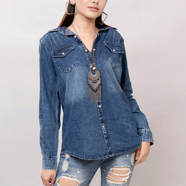 LC-ADSH015 Dark Denim Western Shirt with Tooled Leather Yoke & Turquoise Geometric Trim Women s