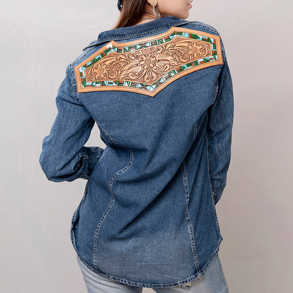 LC-ADSH015 Dark Denim Western Shirt with Tooled Leather Yoke & Turquoise Geometric Trim Women s