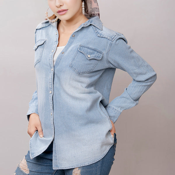 LC-ADSH016 Light Denim Western Shirt with Cowgirl & Cactus Tooled Leather Yoke Women s