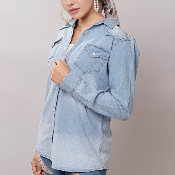 LC-ADSH016 Light Denim Western Shirt with Cowgirl & Cactus Tooled Leather Yoke Women s