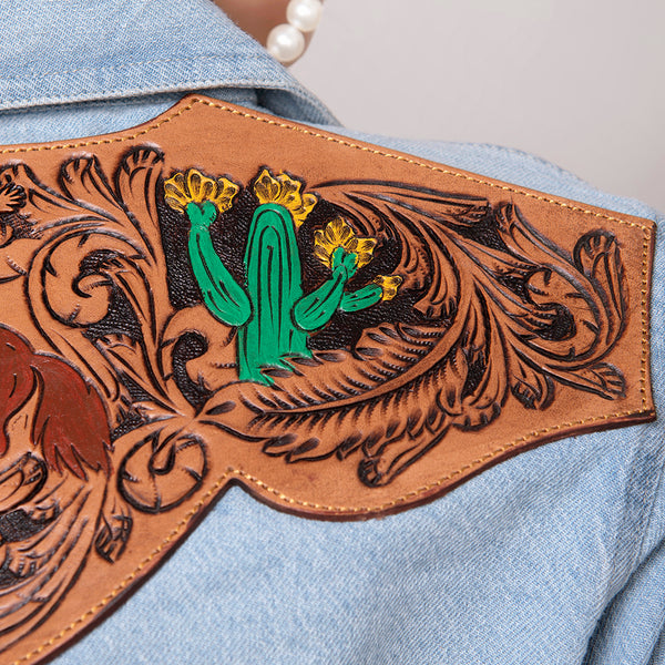 LC-ADSH016 Light Denim Western Shirt with Cowgirl & Cactus Tooled Leather Yoke Women s