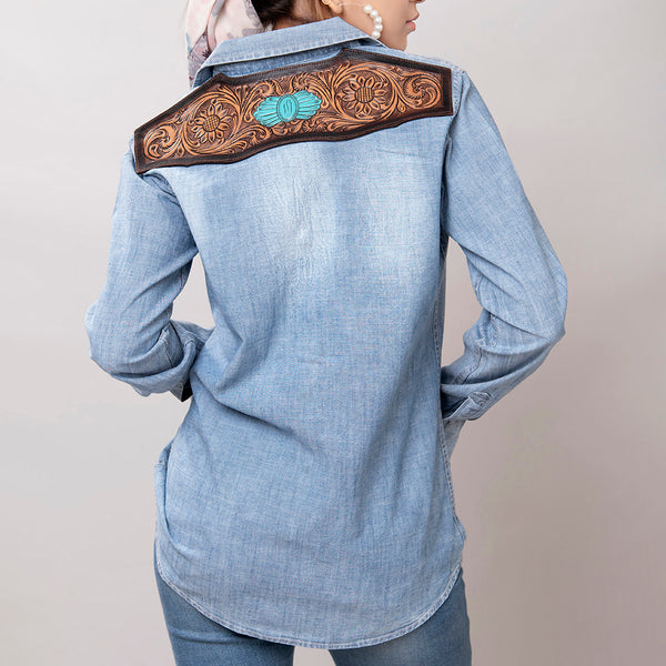 LC-ADSH017 Light Chambray Western Shirt with Tooled Leather Yoke & Turquoise Concho Women s