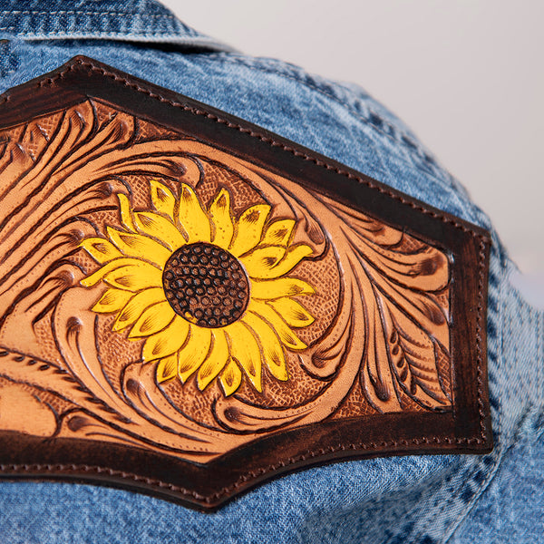 LC-ADSH018 Women's Western Denim Shirt with Hand-Tooled Leather Sunflower Yoke