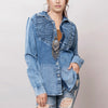 LC-ADSH018 Women's Western Denim Shirt with Hand-Tooled Leather Sunflower Yoke