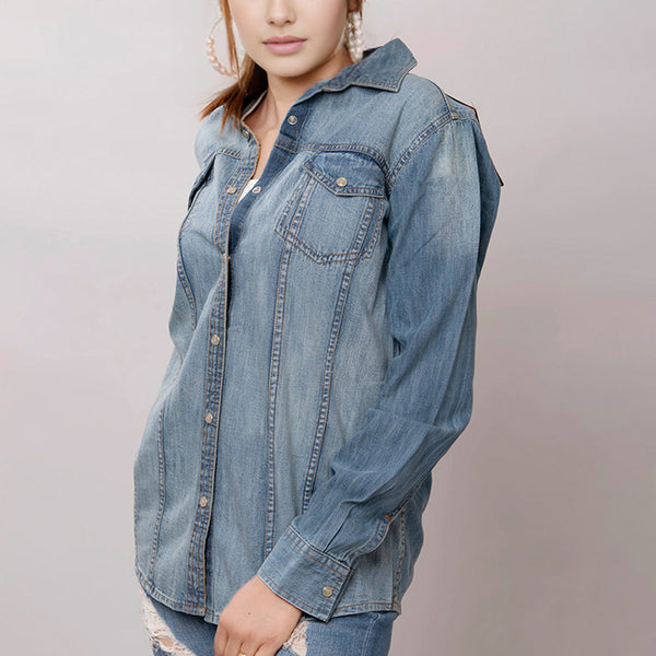 LC-ADSH020 Women's Western Denim Shirt with Hand-Tooled Red Rose Leather Yoke