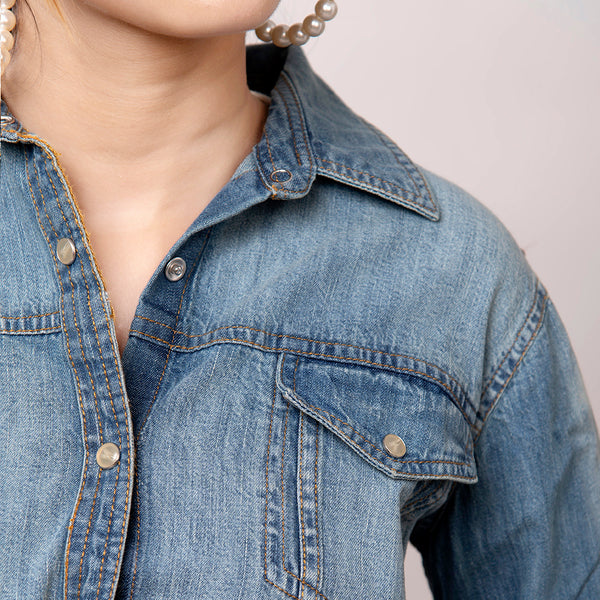 LC-ADSH020 Women's Western Denim Shirt with Hand-Tooled Red Rose Leather Yoke