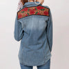 LC-ADSH020 Women's Western Denim Shirt with Hand-Tooled Red Rose Leather Yoke