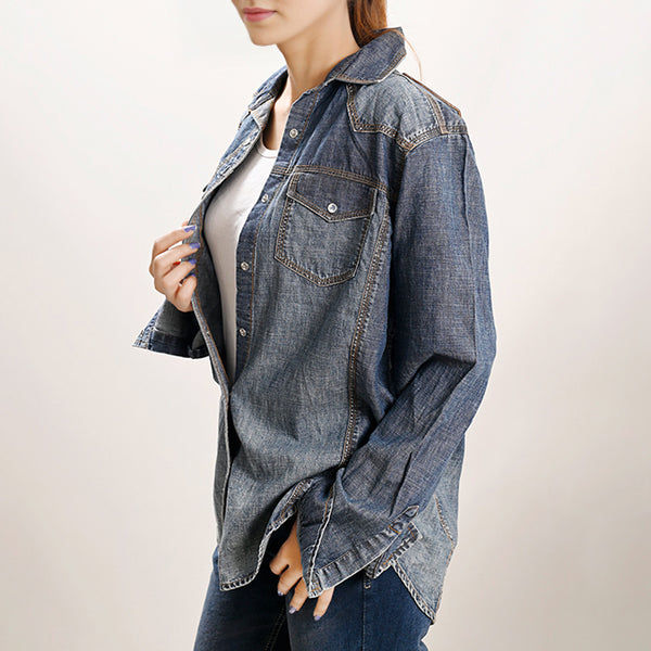 LC-ADSH021 Women's Western Denim Shirt with Hand-Tooled Floral Leather Yoke Natural Tan