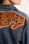 LC-ADSH021 Women's Western Denim Shirt with Hand-Tooled Floral Leather Yoke Natural Tan