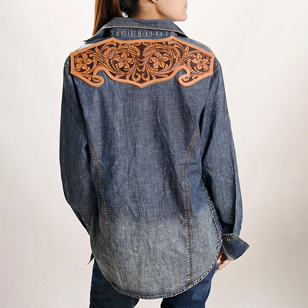 LC-ADSH021 Women's Western Denim Shirt with Hand-Tooled Floral Leather Yoke Natural Tan