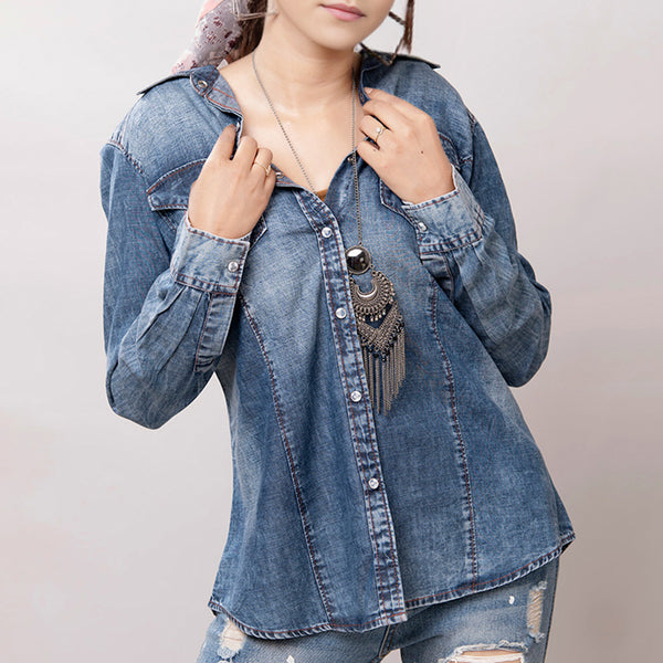 LC-ADSH022 Women's Light Wash Western Denim Shirt with Hand-Tooled Leather Floral Yoke