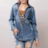 LC-ADSH022 Women's Light Wash Western Denim Shirt with Hand-Tooled Leather Floral Yoke