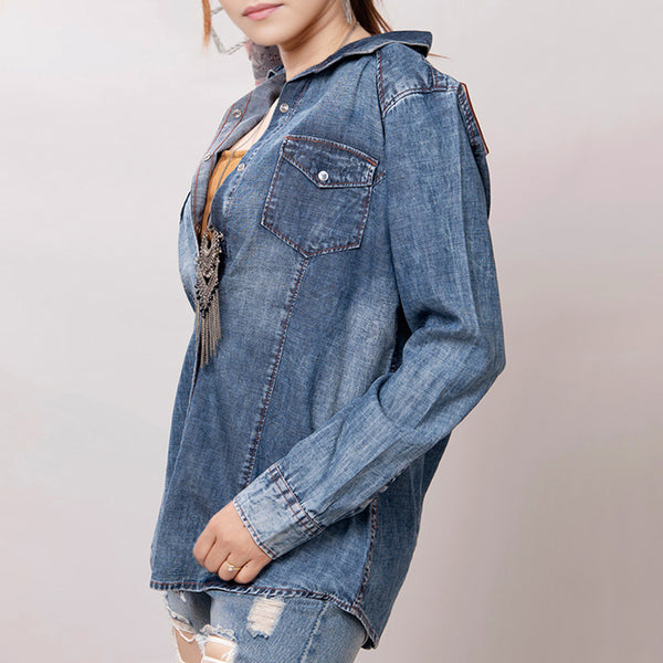 LC-ADSH022 Women's Light Wash Western Denim Shirt with Hand-Tooled Leather Floral Yoke