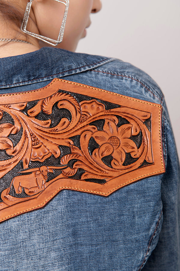 LC-ADSH022 Women's Light Wash Western Denim Shirt with Hand-Tooled Leather Floral Yoke