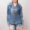 LC-ADSH022 Women's Light Wash Western Denim Shirt with Hand-Tooled Leather Floral Yoke