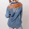 LC-ADSH022 Women's Light Wash Western Denim Shirt with Hand-Tooled Leather Floral Yoke