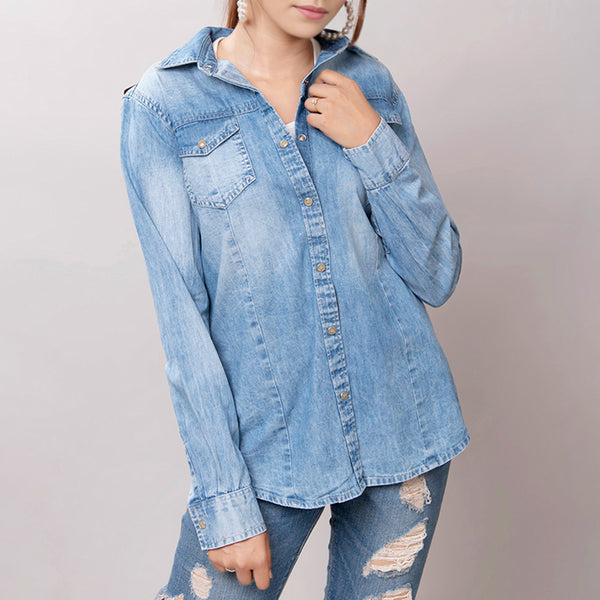 LC-ADSH023 Women's Light Wash Western Denim Shirt with Hand-Tooled Sunflower Leather Yoke
