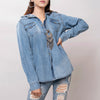 LC-ADSH024 Women's Light Wash Western Denim Shirt with Hand-Tooled Leather Floral Yoke Burnished Tan