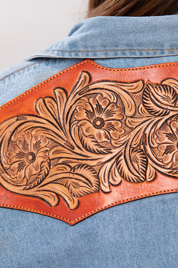 LC-ADSH024 Women's Light Wash Western Denim Shirt with Hand-Tooled Leather Floral Yoke Burnished Tan