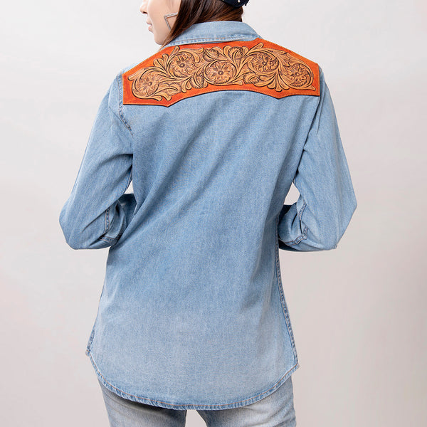 LC-ADSH024 Women's Light Wash Western Denim Shirt with Hand-Tooled Leather Floral Yoke Burnished Tan