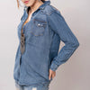 LC-ADSH025 Women's Mid-Wash Western Denim Shirt with High-Detail Hand-Tooled Leather Yoke