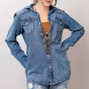 LC-ADSH025 Women's Mid-Wash Western Denim Shirt with High-Detail Hand-Tooled Leather Yoke