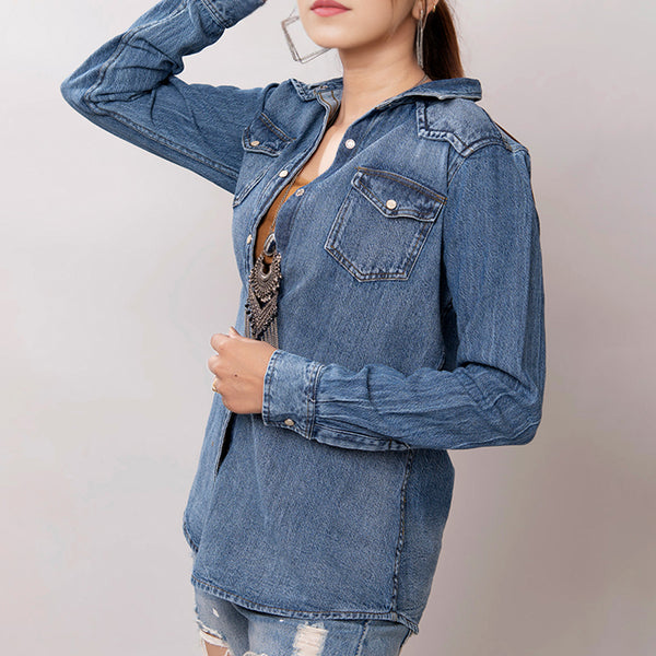 LC-ADSH025 Women's Mid-Wash Western Denim Shirt with High-Detail Hand-Tooled Leather Yoke