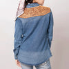 LC-ADSH025 Women's Mid-Wash Western Denim Shirt with High-Detail Hand-Tooled Leather Yoke
