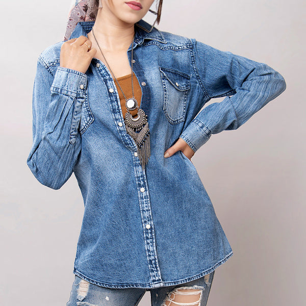 LC-ADSH026 Women's Light Wash Western Denim Shirt with Hand-Tooled Black Backed Floral Leather Yoke