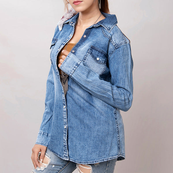 LC-ADSH026 Women's Light Wash Western Denim Shirt with Hand-Tooled Black Backed Floral Leather Yoke