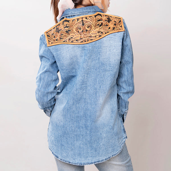 LC-ADSH026 Women's Light Wash Western Denim Shirt with Hand-Tooled Black Backed Floral Leather Yoke