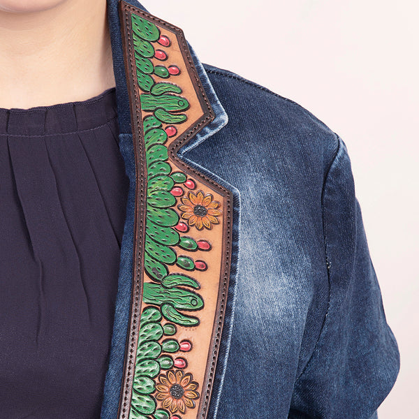 ADBZ017 Women's Blue Denim Western Blazer with Hand-Tooled Leather Lapels