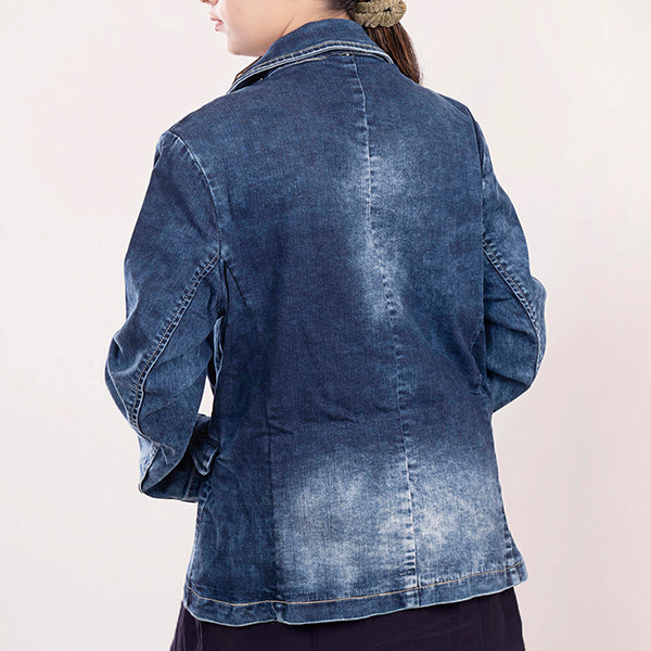 ADBZ017 Women's Blue Denim Western Blazer with Hand-Tooled Leather Lapels