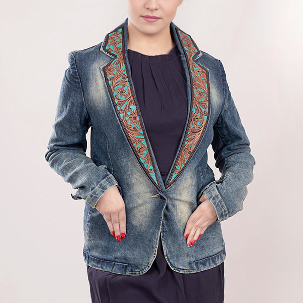 ADBZ018 Premium Denim Western Blazer with Hand-Tooled Floral Turquoise Leather Lapels