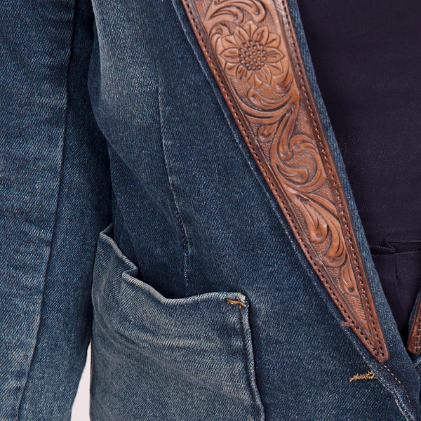 ADBZ020 Artisanal Hand-Tooled Floral Leather & Blue Denim Western Blazer for Women