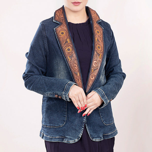 ADBZ021 Luxury Western Denim Blazer with Intricate Floral Tooled Leather Detailing